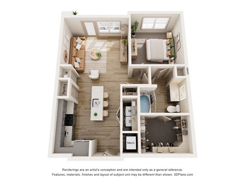 Floor plan for 1 bed, 1 bath, 778 sqft